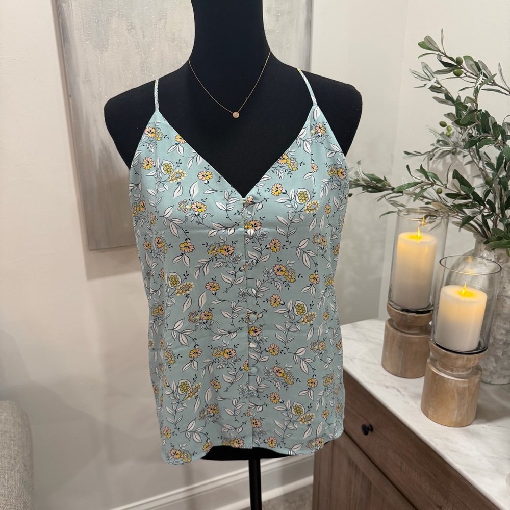 LOFT Floral Camisole in Blue and Yellow Floral with Button Detail